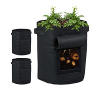 Relaxdays Set de 3 Bolsas de Cultivo para Patatas, con Ventana Lateral, 2 Asas, Plástico, Tela no Tejida, 30x35cm, Negro
