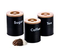Relaxdays, set de 3 botes para café, té, azúcar, metal, tapa de bambú, 14 x 11 cm, recipiente de cocina, negro/natural