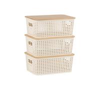 Relaxdays Set de 3 Cajas de Almacenamiento con Tapa, plástico y bambú, Asas, 10.5x25.5x18 cm, Blanco
