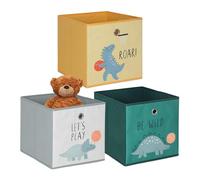 Relaxdays, Set de 3 Cajas de Almacenamiento para niños, Motivos de Dinosaurios, Caja Plegable, HBT: 30 x 30 x 30 cm, Tela no Tejida, Cartón, Acero