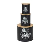 Relaxdays Set de 3 cajas de almacenamiento para patatas, cebollas y ajo, tapa de bambú, acero, negro