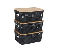 Relaxdays Set de 3 Cajas organizadoras con Tapa, plástico y bambú, Asas, 10,5x25,5x18 cm, Negro