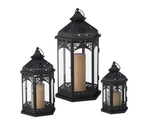 Relaxdays Set de 3 farolillos decorativos de metal negro,transparente