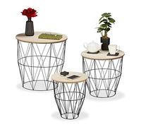 Relaxdays Set de 3 mesas auxiliares, Redondas, metálicas, con Cesta, mesas de Centro, 3 tamaños, de almacenaje, Negras