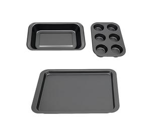 Relaxdays Set de 3 Piezas: Bandeja Magdalenas, Molde Pan, Fuente Asar, Antiadherente, Acero Carbono 230°C, Gris Oscuro