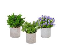 Relaxdays Juego Set de 3 Plantas Artificiales en Maceta, Flores Plástico, Imitación Realista, Decorativas, Verde, Lila y Gris, Poliéster, 23 x 18 cm