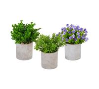 Relaxdays Juego Set de 3 Plantas Artificiales en Maceta, Flores Plástico, Imitación Realista, Decorativas, Verde, Lila y Gris, Poliéster, 23 x 18 cm