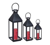 Relaxdays Set 3 Portavelas, Farol Decorativo para Interior y Exterior, 3 Tamaños, Metal, Cristal, Farolillo Vela, Negro, Hierro