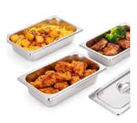 Relaxdays Set de 3 recipientes Gastronorm GN 1/3, Acero Inoxidable con Tapa, 6.5×32.5×17.6 cm, Plateado