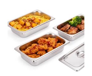 Relaxdays Set de 3 recipientes Gastronorm GN 1/3, Acero Inoxidable con Tapa, HBT 6,5x32,5x17,6 cm, Cocina, Plateado
