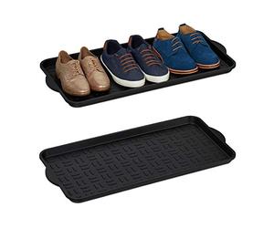 Relaxdays Set de 4 Bandejas Zapatos, Booy Tray Anti Goteo, Zapatero Recibidor, 6-8 Pares, Plástico, 75 x 36,5 cm, Negro