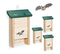 Relaxdays Set de 4 Cajas para murciélagos de Madera sin Tratar, 25x18x6 cm, Natural y Verde