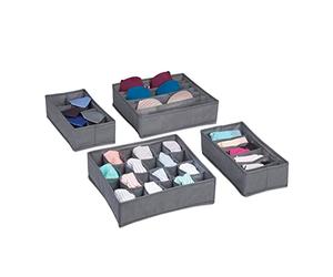 Relaxdays Set de 4 Organizadores de Cajones, Almacenaje de Ropa Interior, Calcetines, Bragas, Sujetadores, Gris Oscuro