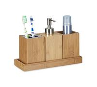 Relaxdays Set de 4 Piezas para el Cuarto de baño, bambú, 18.5x25x10.5cm, Soporte Cepillo de Dientes, dispensador jabón, Natural