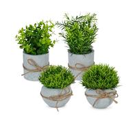 Relaxdays Set de 4 Plantas Artificiales, Flores de Plástico Realistas, Maceteros Piedra, Romero, Boj, Hierba, Verde/Gris, Yute, 18 x 7,5 cm