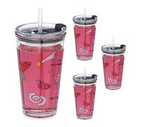 Relaxdays Set de 4 Vasos Infantiles, Diseño Espacio, Tapa y Pajita, 450ml, Vasito Cristal Niños, para Zumo, Transparente, Silicona