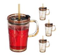 Relaxdays Set de 4 Vasos, Jarras para Beber con Tapa y Pajita, Jarritas Batidos 450 ml, Vasitos con Asa, Marrón Claro
