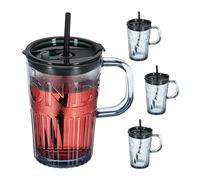 Relaxdays Set de 4 Vasos, Jarras para Beber con Tapa y Pajita, Jarritas Batidos 450 ml, Vasitos con Asa, Gris