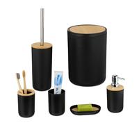 Relaxdays Set Accesorios Baño, 6 Piezas, Juego Completo Utensilios Aseo, Kit WC, Plástico y Bambú, Negro y Natural