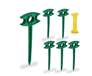 Relaxdays Set de 6 Estacas con Cordón, para Delimitar Parterres, Manguera Agua, Clavijas Tienda Campaña, Verde/Amarillo