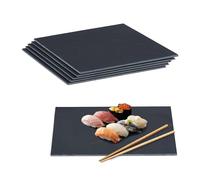 Relaxdays Set de 6 Platos de Pizarra, 40 x 30 cm, para Servir Queso y Postres, Bandejas Piedra Inscribibles, Antracita