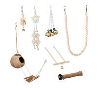 Relaxdays Juguetes para Pájaros, 7 Unidades, Accesorios para Jaulas, para Canarios, Periquitos, Nido de Coco, Natural, Madera, 80 x 13 x 13 cm