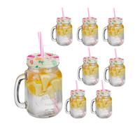 Relaxdays Set de 8 jarras con pajita flamencos crema,fucsia,transparente