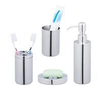 Relaxdays Baño Accesorios, 4 Piezas Acero Inoxidable Pulido, Jabonera, Soporte, Vaso, Dispensador Jabón, Plateado, Set de 4