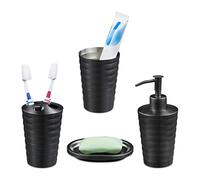 Relaxdays Set de Baño Accesorios, 4 Piezas, Dispensador, Jabonera, Vaso, Soporte Cepillos, Acero Inoxidable, Antracita