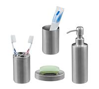 Relaxdays Set de Baño Accesorios, Juego 4 Piezas Acero Inoxidable, Jabonera, Soportes, Vaso, Dispensador Jabón, Plateado, 1 Unidad
