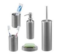 Relaxdays Set de Baño Accesorios, Juego 5 Piezas Acero Inoxidable, Jabonera, Soportes, Vaso, Dispensador Jabón, Plateado, 1 Unidad