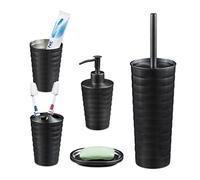 Relaxdays Set de Baño Accesorios, Kit 5 Piezas Acero Inoxidable, Jabonera, Soportes, Vaso, Dispensador Jabón, Antracita