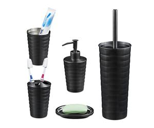 Relaxdays Set de Baño Accesorios, Kit 5 Piezas Acero Inoxidable, Jabonera, Soportes, Vaso, Dispensador Jabón, Antracita