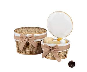 Relaxdays Set de dos cestos de almacenaje, Con tapa, Madera de Buri, Redondos, Trenzado, Marrón