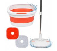 Relaxdays Set de fregona: Cubo Plegable 3,8 L con escurridor, Compacto, 18x34,5x34,5 cm, 2 Cabezales, Blanco/Naranja