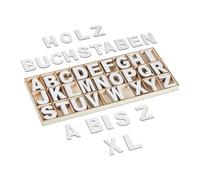 Relaxdays 208-tlg. Holzbuchstaben weiß Set de Letras de Madera, 208 Uds, Mayúsculas A-Z, Hacer Manualidades, Alfabeto Decorativo, con Caja, Blanco, 5,5 cm