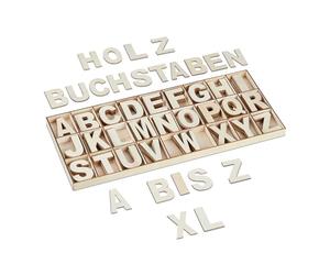 Relaxdays Set de Letras de Madera, 208 Uds., Mayúsculas A-Z, Hacer Manualidades, Alfabeto Decorativo, con Caja, Natural