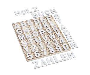 Relaxdays Set de Letras y Números de Madera, 144 Uds., Mayúsculas A-Z, Cifras 0-9, 5 cm, Hacer Manualidades, Blanco