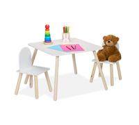 Relaxdays Mesa y 2 Sillas Infantiles, 3 Piezas, Mobiliario Niñas, Set de Muebles Dormitorio, Blanco/Natural, Tablero de Fibras, Madera, 45 x 60 x 60 cm