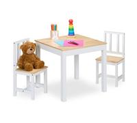 Relaxdays Mesa y 2 Sillas Infantiles, 3 Piezas, Mobiliario Niñas, Set de Muebles Dormitorio, Blanco/Natural, Tablero de Fibras, Madera, 51,5 x 57 x 57 cm