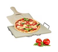 Relaxdays Set de Piedra Horno, Pala Pizza y Soporte Metálico, Bandeja, 1,5 cm de Grosor, Cordierita-Madera-Metal, Marrón, 1 Pack