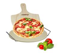 Relaxdays Set de Piedra Horno, Pala Pizza y Soporte Metálico, Bandeja, 1 cm de Grosor, Cordierita-Madera-Metal, Marrón, 1 Pack