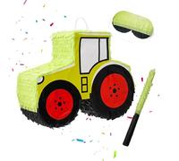 Relaxdays Set de piñata, 3 piezas, tractor para colgar, verde claro/rojo | niños/niñas, palo y máscara, vehículo