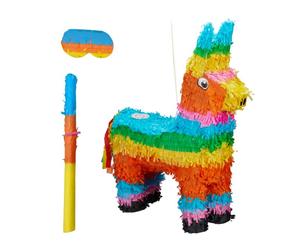 Relaxdays Set de piñata asno con bastón y máscara verde,naranja,turquesa