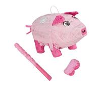 Relaxdays Set de piñata cerdo con palo y máscara fucsia