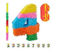Relaxdays Set de Piñata Cumpleaños Palo y Antifaz, Número 4, Papel, Multicolor, 50 cm de Largo