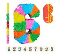 Relaxdays Set de Piñata Cumpleaños Palo y Antifaz, Número 6, Papel, Multicolor, 50 cm de Largo