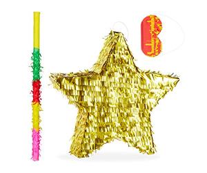 Relaxdays Set de Piñata Estrella, Palo y Antifaz sin Relleno, Papel, Dorado, 43 x 45 x 9 cm