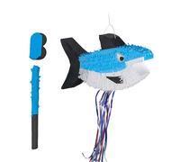 Relaxdays Set de piñata tiburón con palo y máscara blanco,azul,negro