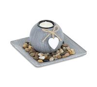 Relaxdays Set de Portavelas con Bandeja y Piedras Decorativas, 15,5 x 15,5 cm, Decoración de Mesa, Candelero, Gris, Tablero de Fibras